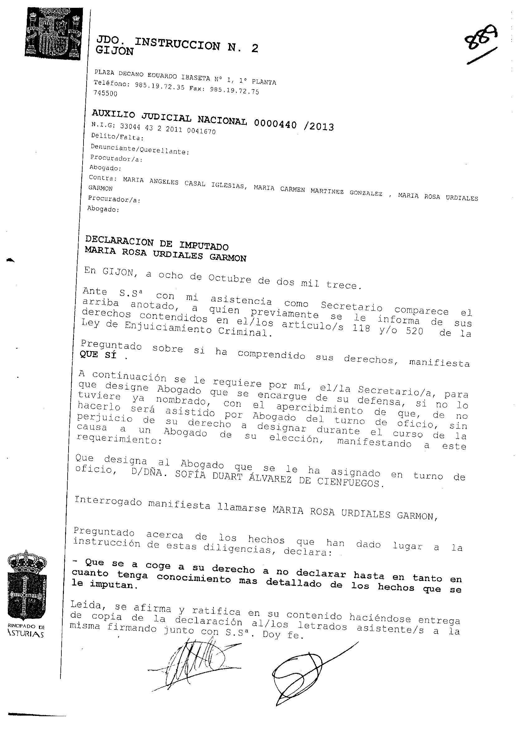 Documento judicial de 2013 sobre la declaración como imputada de Rosa Urdiales.