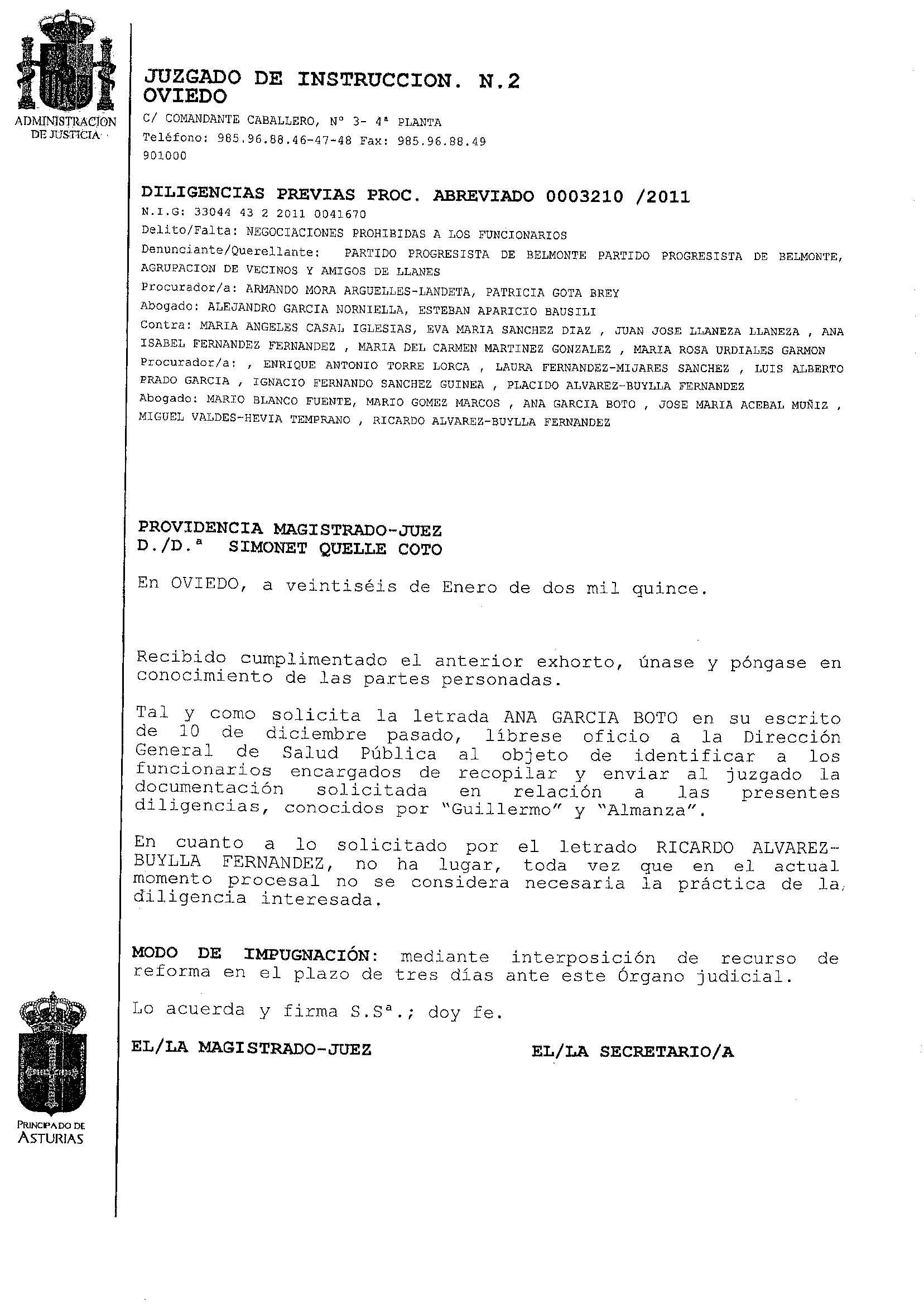 Providencia de la jueza Simonet Quelle Coto negando la petición del abogado de Urdiales, que solicitaba el levantamiento de su imputación. Cuatro meses después reiteraría su negativa.