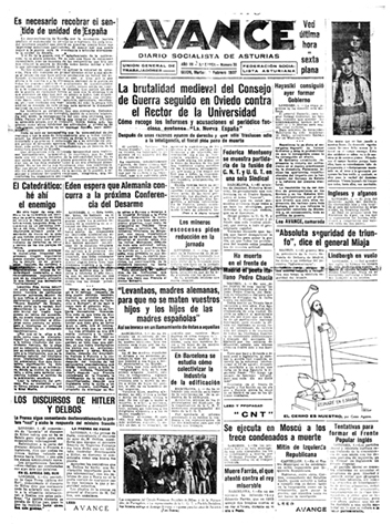 El diario socialista 'Avance? informó puntualmente del juicio, la condena y la ejecución del rector Alas.