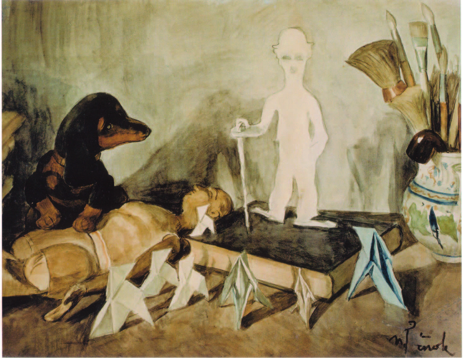 'Charlot y las pajaritas', obra de 1928 de Nicanor Piñole. Vela apreció la modernidad del pintor asturiano y ambos coincidían en su afición por el cine mudo y Charlot. Colección Victorino Fernández Ferreiro.