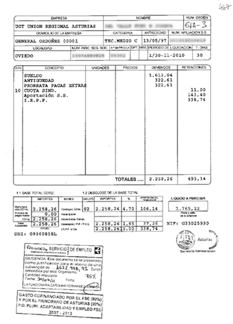 Una de las nóminas de trabajadores de UGT-Asturias donde aparece el dinero procedente de los cursos de formación.